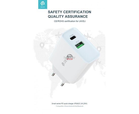 Devia hálózati töltő adapter Type-C + USB bemenettel - 20W - Devia Smart Series PD3.0 + QC3.0 - Qualcomm Quick Charge 3.0 - fehér