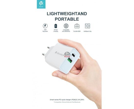 Devia hálózati töltő adapter Type-C + USB bemenettel - 20W - Devia Smart Series PD3.0 + QC3.0 - Qualcomm Quick Charge 3.0 - fehér