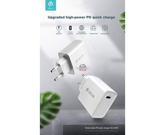 Devia hálózati töltő adapter Type-C bemenettel - 20W - Devia Smart Series PD3.0 Quick Charger - fehér