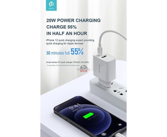 Devia hálózati töltő adapter Type-C + USB bemenettel - 20W - Devia Smart Series PD3.0 + QC3.0 - Qualcomm Quick Charge 3.0 - fehér