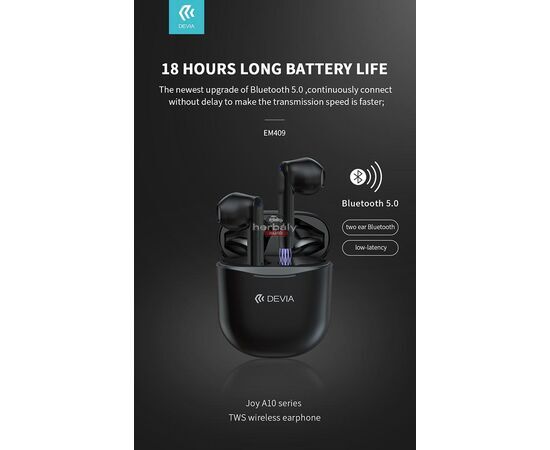 Devia TWS Bluetooth sztereó headset v5.0 + töltőtok - Devia Joy A10 Series True Wireless Earphones with Charging Case - fekete
