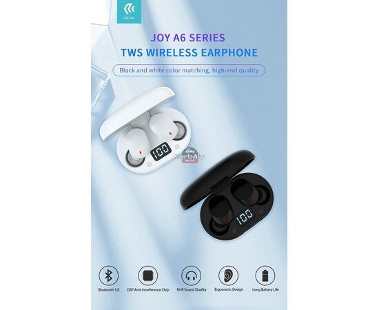 Devia TWS Bluetooth sztereó headset v5.0 + töltőtok - Devia Joy A6 Series True Wireless Earphones with Charging Case - fekete
