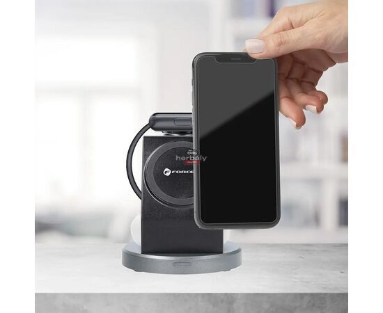 Forcell Qi univerzális vezeték nélküli töltő állomás - 15W - Forcell Solid Magsafe 3in1 Wireless Charger for iPhone + iWatch + AirPods - fekete