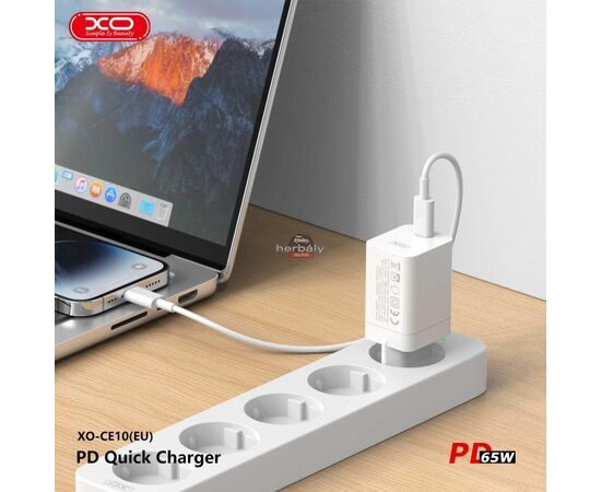 XO GaN hálózati töltő adapter Type-C bemenettel - 65W - XO CE10 PD3.0 + QC3.0 Car Charger - fehér