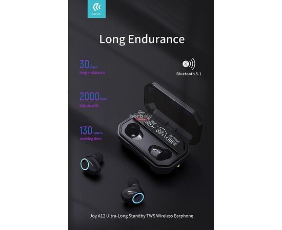 Devia TWS Bluetooth sztereó headset v5.1 + töltőtok - Devia Joy A12 Series True Wireless Earphones with Charging Case - fekete