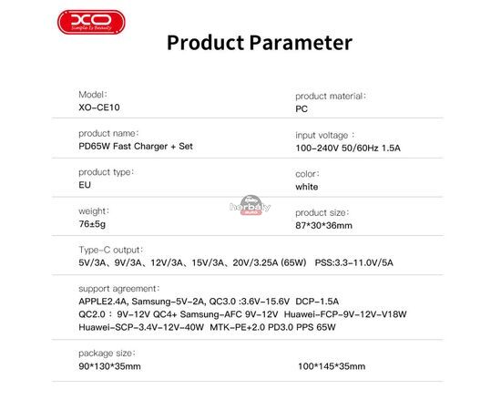 XO GaN hálózati töltő adapter Type-C bemenettel - 65W - XO CE10 PD3.0 + QC3.0 Car Charger - fehér