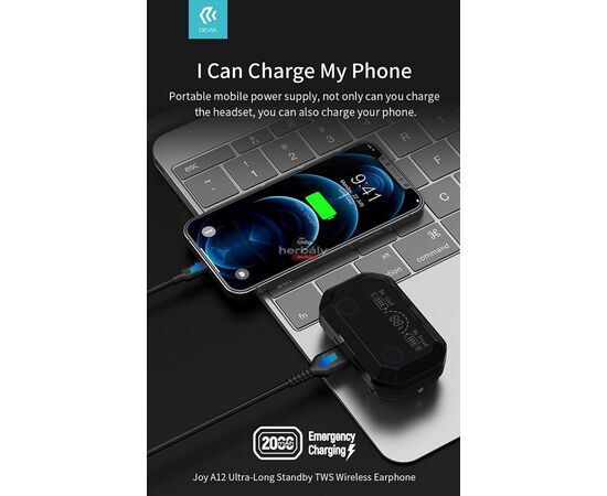 Devia TWS Bluetooth sztereó headset v5.1 + töltőtok - Devia Joy A12 Series True Wireless Earphones with Charging Case - fekete