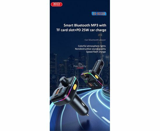 XO Bluetooth FM-transmitter/szivargyújtó töltő - 2xUSB + MP3 + Pendrive lejátszás + RGB Light + PD25W Fast Charger - XO BCC09 - fekete