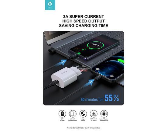 Devia hálózati töltő adapter Type-C bemenettel - 20W - Devia Rocket Series PD3.0Quick Charger - fehér