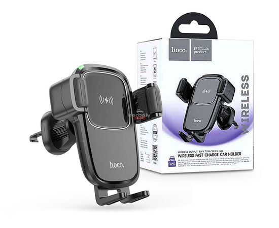 HOCO szellőzőrácsba illeszthető vezeték nélküli autós tartó/gyorstöltő - 15 W - HOCO HW1 Wireless Fast Charge Car Holder - fekete