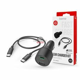 HAMA szivargyújtó töltő adapter USB + Type-C bemenettel + Type-C - Type-C kábel - 32W - HAMA Car Charger Kit with USB-C/USB-A - PD/QC 2.0 / 3.0 - fekete
